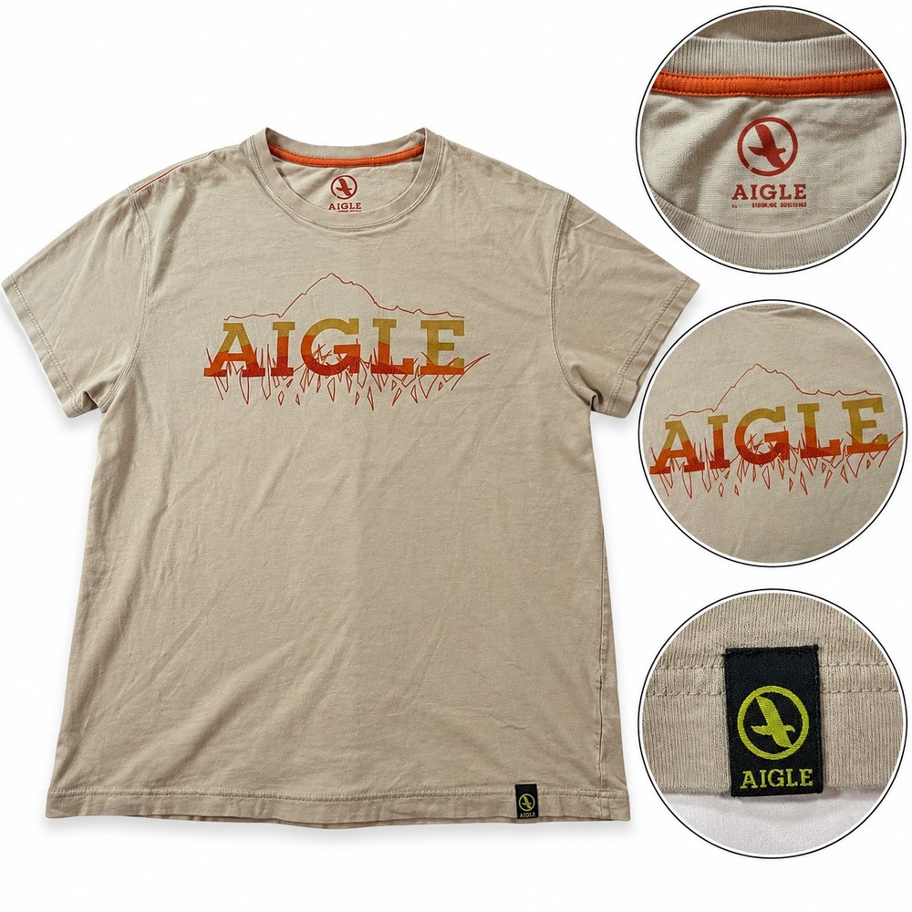 Aigle T-Shirt Mens Large Mountain Graphic Tan 100% Organic Cotton Short Sleeve